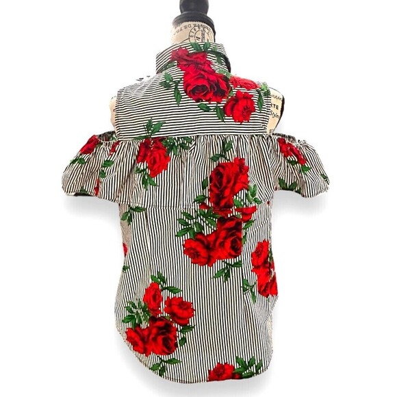 Hint of Blush XL Cold Shoulder Blouse Stripe Red Floral Ruffle Cotton Summer Top - Picture 4 of 9